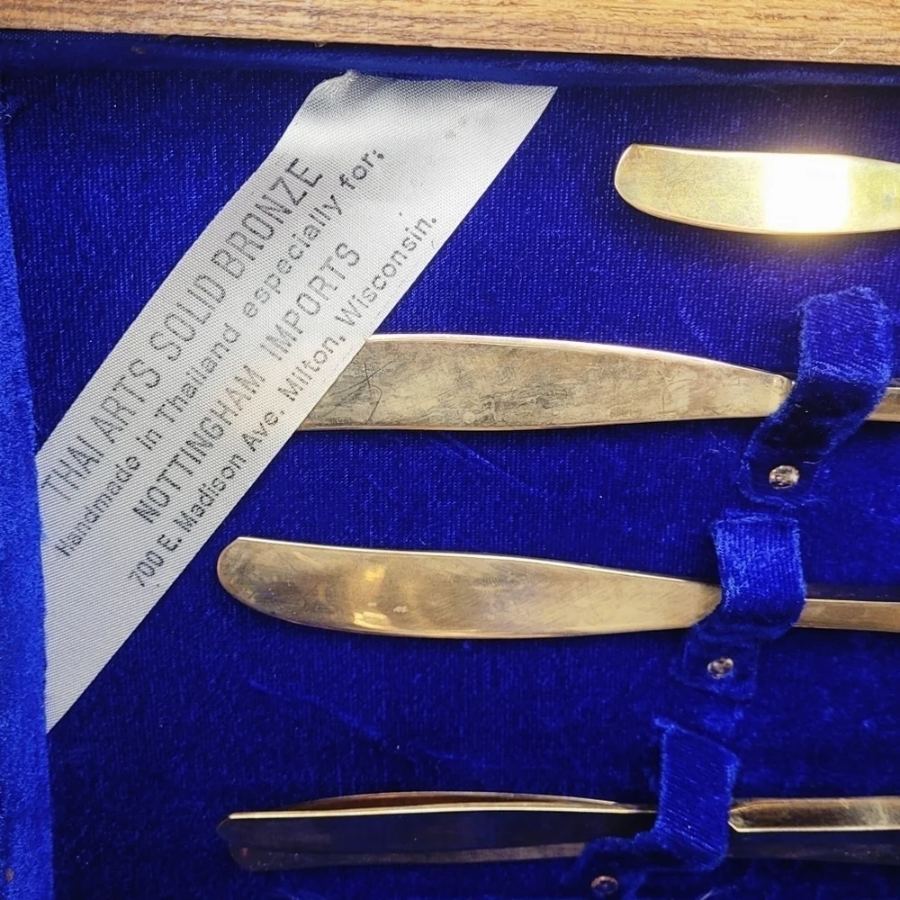 Vintage Solid Bronze Thai Made Cutlery Set of 4+ Chopstick Model Rosewood Box